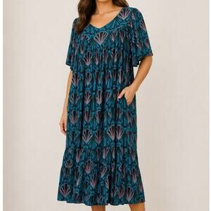 Go Softly Patio Dress M Medium Blue Teal Brown Fan Print Rayon Lounger MuuMuu